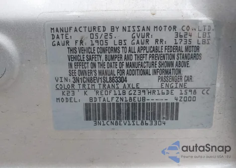 2025 Nissan Versa 1.6 Sv from USA, damaged, VIN 3N1CN8EV1SL863304